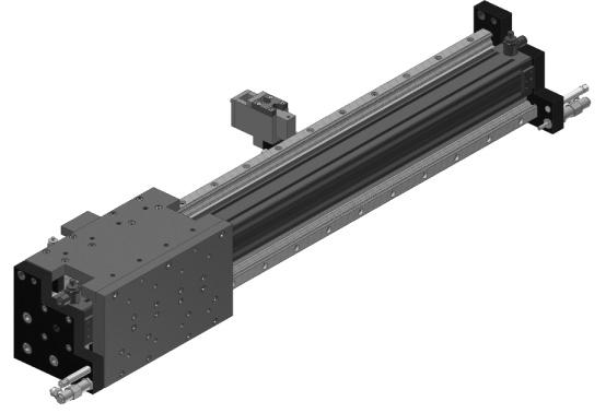 Linear Unit LU-32 With Rodless Cylinder, 4 piece Carriage/ Ball Linear Guides Option: Intermediate Stop / Stops Standard -End position with adjustable stop screws Option -Intermediate Position with