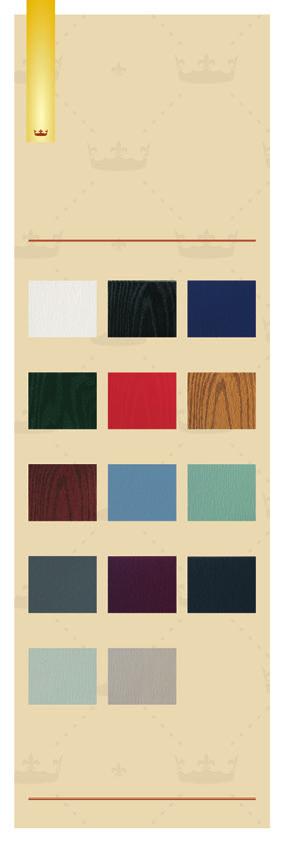 COLOUR OPTIONS THE 14 COLOURS FOR YOUR PERFECT DOOR White RAL 9016 Black RAL 9005 Blue RAL 5004 Green RAL 6009 Red NCS S3560-Y90R Light Wood Dark Wood Duck Egg Blue RAL 5024 Chartwell Green