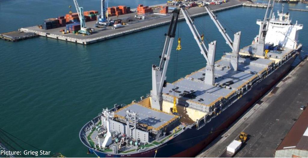 Grieg Shipping Hybrid Crane bulk carrier A small battery pack installed for peak shaving during crane operations. Reasonably low cost of investment due to small battery pack, only 67 kwh needed.