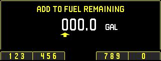 Fuel adjustment To adjust the fuel-remaining and fuel-used parameters after you have filled-up or added to your fuel on-board, press the MENU soft-key from the FUEL system page as shown below, then