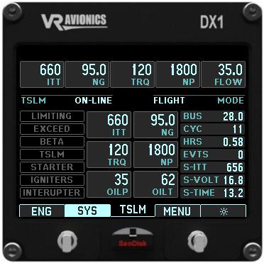TSLM system page The following system page is available if the VRX-MFD configuration includes the TSLM unit: Persistent gauges (engine primaries) Annunciation bar Menu bar (auto hide) Except for the