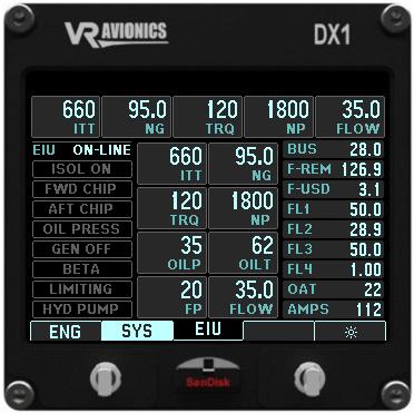 EIU system page The following system page is available if the VRX-MFD configuration includes the EIU unit: Persistent gauges (engine primaries) Annunciation bar Menu bar (auto hide) Except for the