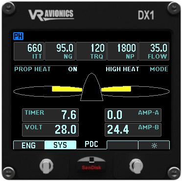 PDC system page The following system page is available if the VRX-MFD configuration includes the PDC unit: Persistent gauges (engine primaries) Annunciation bar Menu bar (auto hide) Except for the