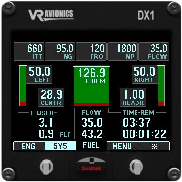 FUEL system page The following FUEL system page is available if your VRX system have access to fuel data from either the fuel interface on a VRX display or an EIU or FSM: Persistent gauges (engine