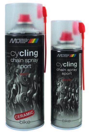 Chain Spray Sport 400 ml 000271 8711347204748 Chain Spray Sport 200 ml 000292 8711347232338 CHAIN SPRAY ULTRA High viscous lubricant with ceramic particles to treat chains and gear wheels of bikes.