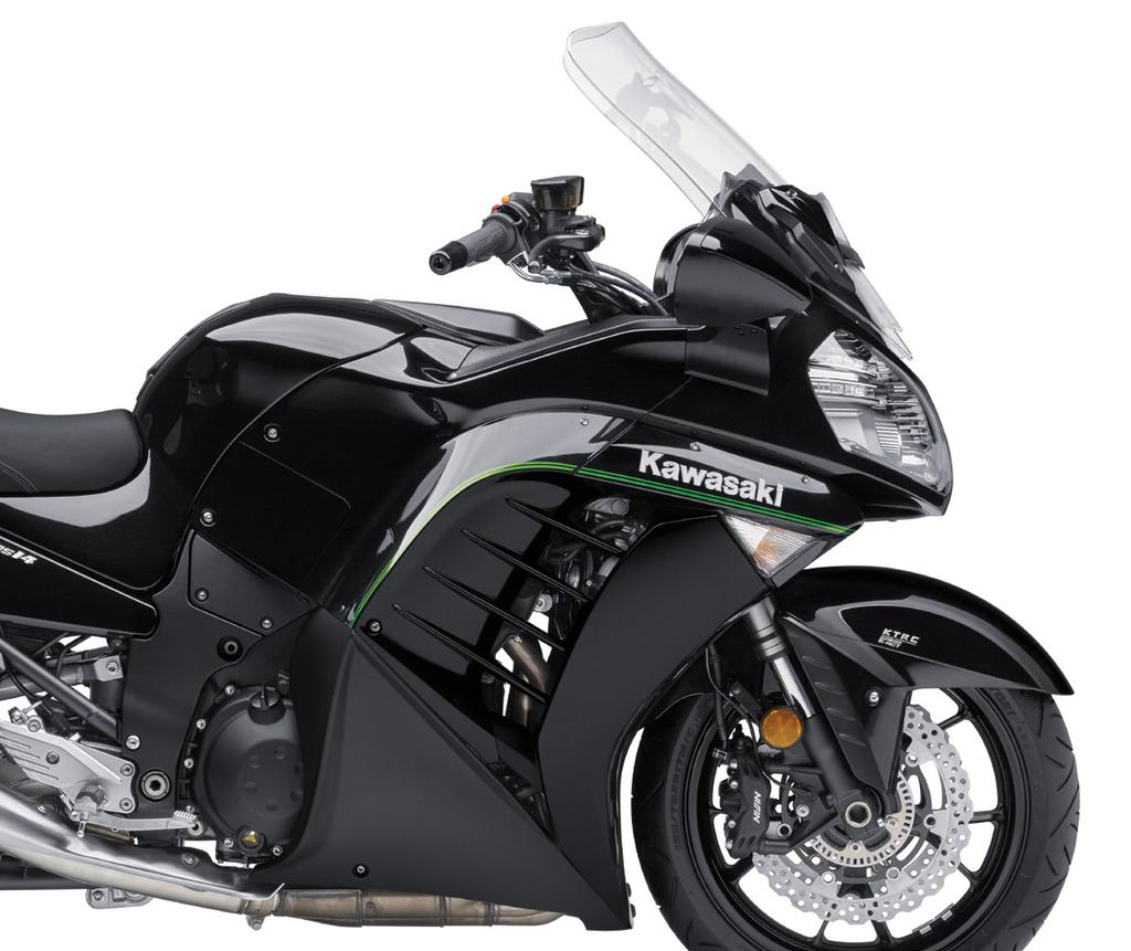 * The wide upper cowl gives excellent wind and weather protection, and its design features the aggressive styling that makes the Concours 14 ABS s instantly recognizable as a Kawasaki.