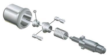 The twin hammer design has the hammer able to slide and rotate on a shaft, with a spring holding it in the downwards position.