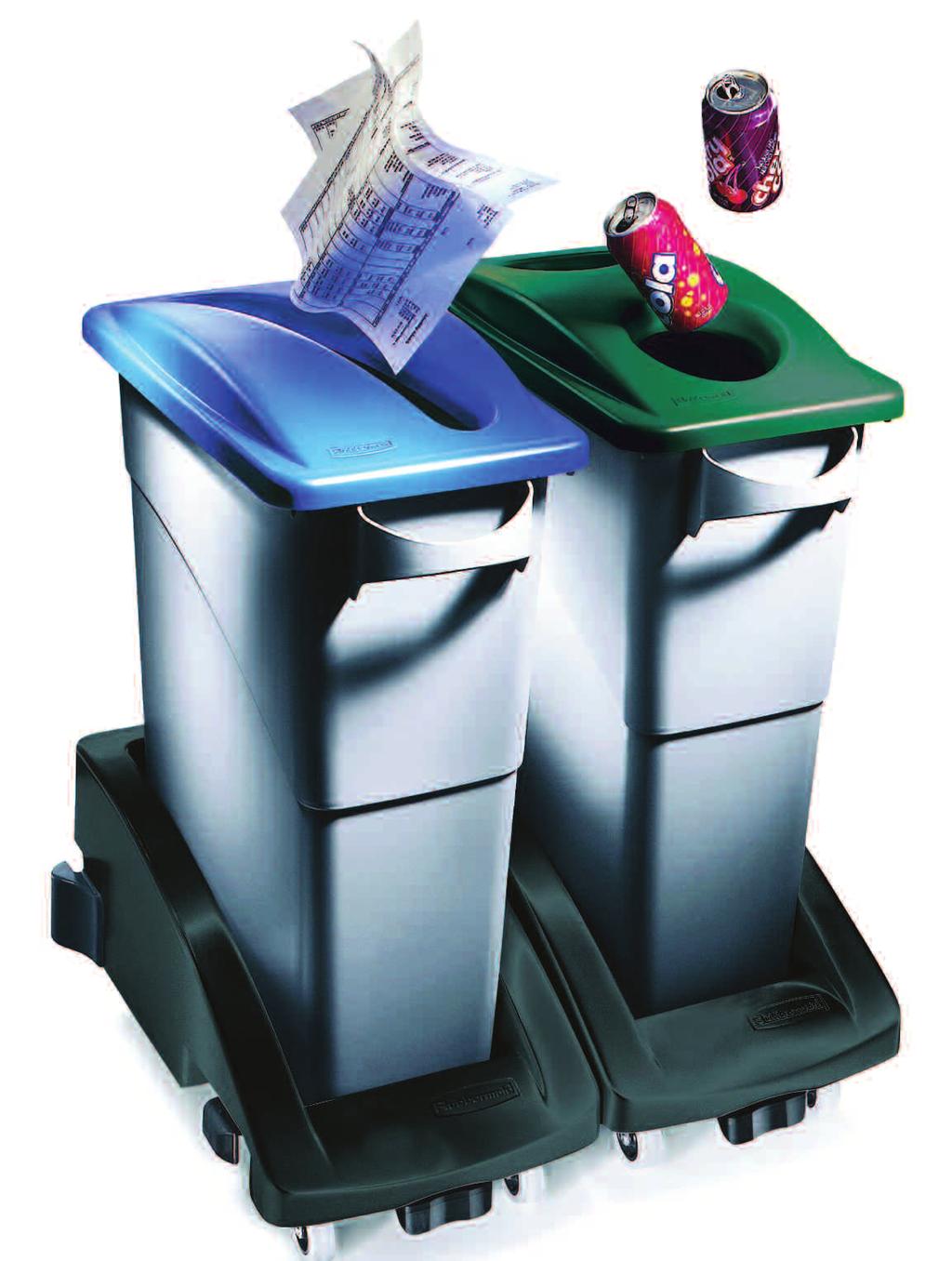 TOPS Encourage waste separation and recycling with interchangeable, color-coded tops New Swing Lid conceals waste from view and provides greater access New Hinge Lid folds flat while in use and