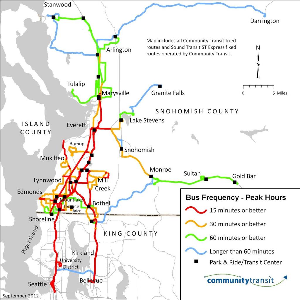 SERVICE CHARACTERISTICS Fixed-Route Frequency All of Community Transit s bus services (core, community-based and commuter) combine to provide an efficient transit network designed to match levels of