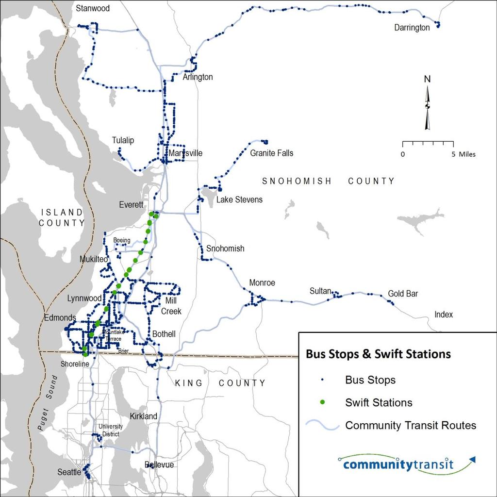 FACILITIES Bus Stops & Swift Stations Community Transit buses serve more than 1,584 bus stops in Snohomish and King Counties; 257 of these bus stops are equipped with a passenger shelter.