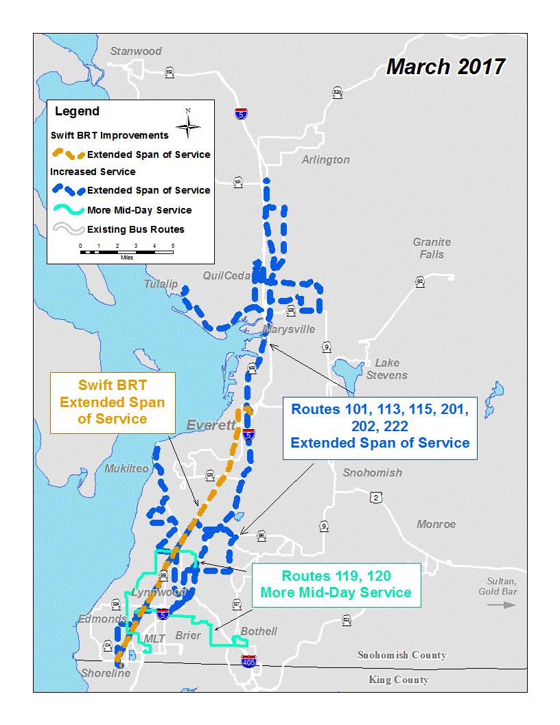 SERVICE PLAN March 2017 Additional Service Hours: 6,000 Strategy: More mid-day service Route 119 (Ash Way P&R Mountlake Terrace) add 10 weekday mid-day trips, five in each direction Route 120 (Canyon