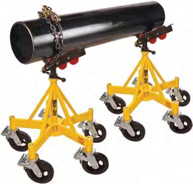 With optional accessories, such as the heavy duty casters and Sumner Hold-Down Device, pipe weighing 2,500 (1,135 kg.) per Max Jax can be wheeled with ease from storage rack... to welding bay.