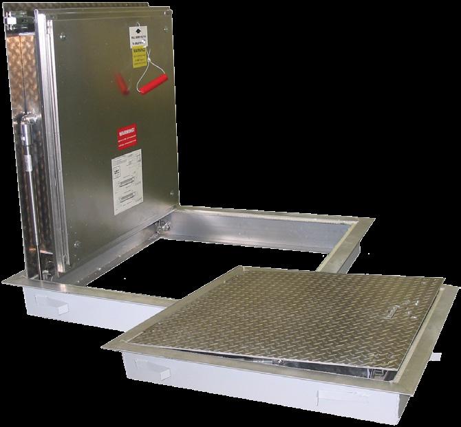 Specifications Load: Pedestrian 300psf live load Material: Aluminum ¼, Mill finish with epoxy on exterior frame Cover: Diamond tread plate Recessed for 1/8 flooring infill Fire Rating: 2 Hr 3 Hr