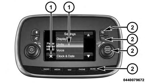 196 UNDERSTANDING YOUR INSTRUMENT PANEL UCONNECT SETTINGS The Uconnect system uses a combination of buttons on the touchscreen and buttons on the faceplate located on the center of the instrument