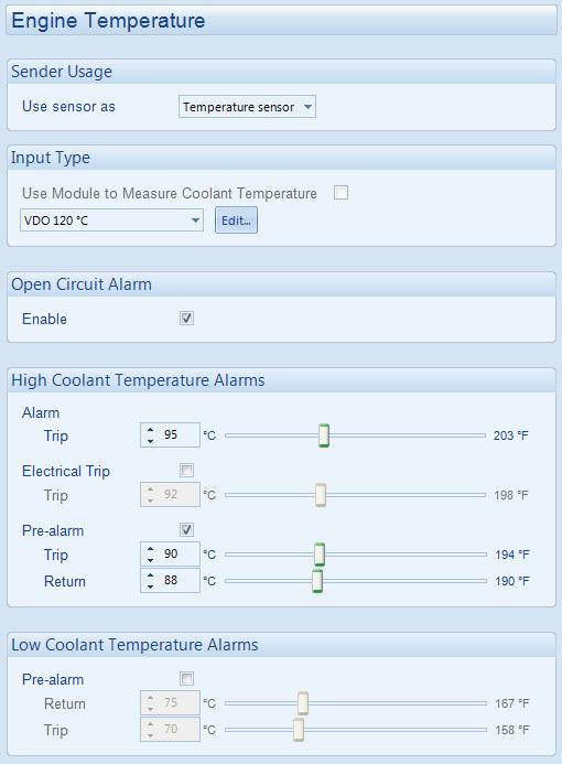 Click and drag to change the settings Type the value or click the up and down arrows to change the settings Options Pre alarm Electrical Trip Shutdown Description = Pre-alarm is disabled = If the