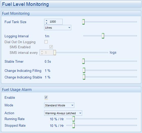2 FUEL LEVEL MONITORING Click to enable or disable the alarms. The relevant values below will appear greyed out if the alarm is disabled.