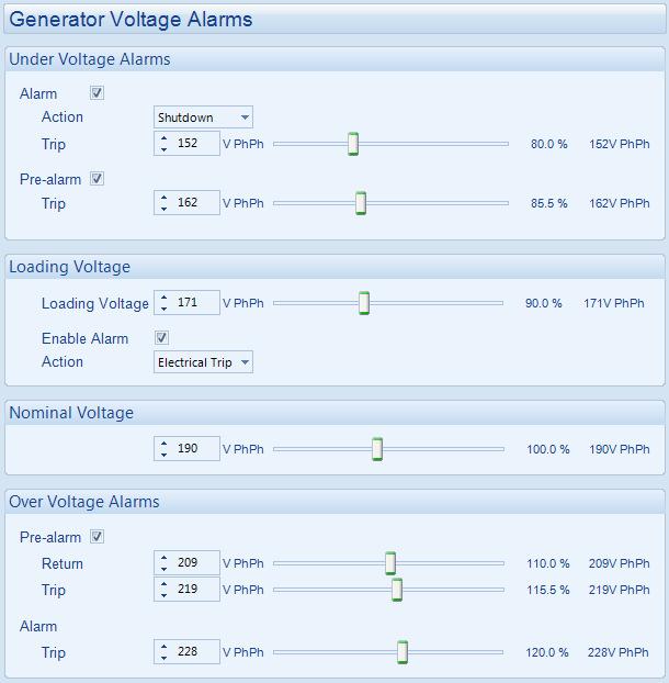 Edit Configuration Generator 4.7.2 GENERATOR VOLTAGE ALARMS Click to enable or disable the alarms. The relevant values below appear greyed out if the alarm is disabled.
