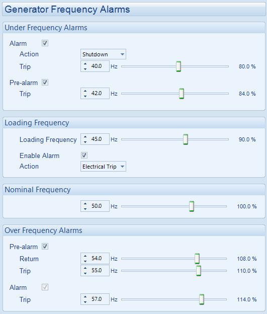 Edit Configuration Generator 4.7.3 GENERATOR FREQUENCY ALARMS Click to enable or disable the alarms. The relevant values below appear greyed out if the alarm is disabled.