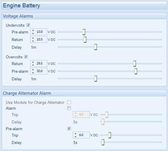 Edit Configuration Engine 4.9.7 ENGINE BATTERY Click and drag to change the setting. Type the value or click the up and down arrows to change the settings Alarm Engine Battery Undervolts IEEE 37.