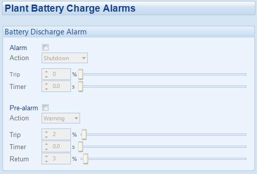 Edit Configuration DC Settings 4.11.1.3 PLANT BATTERY CHARGE Click to enable or disable the option. The relevant values below will appear greyed out if the alarm is disabled.