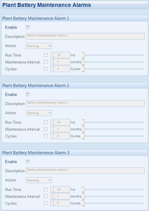 Edit Configuration DC Settings 4.11.1.4 PLANT BATTERY MAINTENANCE Click to enable or disable the option. The relevant values below will appear greyed out if the alarm is disabled.