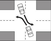 ! When two vehicles are approaching each other and signaling to turn left, both vehicles should take the inside path, the lane closest to the center.