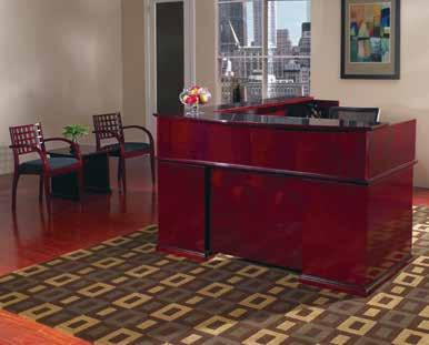 Enhanced features include legal-width desk pedestals, austere 80 heights (credenza/ hutch), and a dramatic showcase hutch with beveled wood frame/clear glass doors.