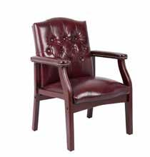 5 W x 27 D x 35.5 H Seat: 19.75 W x 19 D x 18.5 H List: $449 Montgomery Guest Chair with Castors Model No. DHS272 Stocked in Black and Oxblood Vinyl with Mahogany Finish.