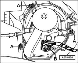 Page 14 of 34 87-130 Fresh air blower -V2-, removing and installing (1997 ) Remove glovebox Repair Manual, Body Interior, Repair Group 70 - Remove electrical connector -B- - Remove bolts -A- and