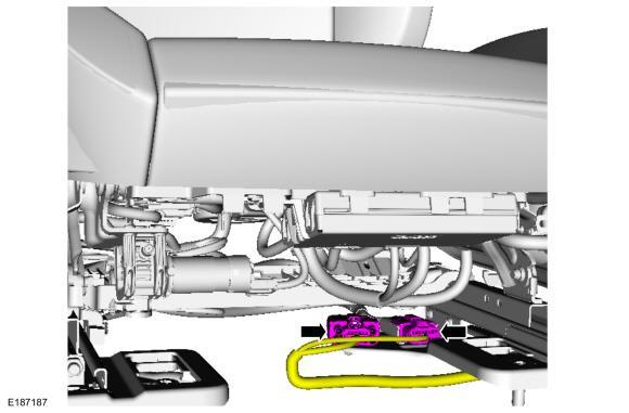 3. Disconnect the front seat electrical connector(s) and position the wire harness aside. 4.