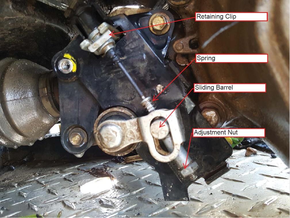 g. Disconnect the 4wd shift linkage: Remove the adjuster nut completely being careful not to lose the spring or sliding barrel, and