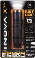 DESIGNED FOR BIKES X3ATMA-HB-LRGT (BLACK) HIGH 175 LUMENS LOW 16 LUMENS HIGH 3 HOUR 30 MINUTES LOW 49 HOURS BATTERIES [INCLUDED] 3-AAA AKALINE 106 FT (32 M) LENGTH 4.76 IN (12.09 CM) DIAMETER 1.