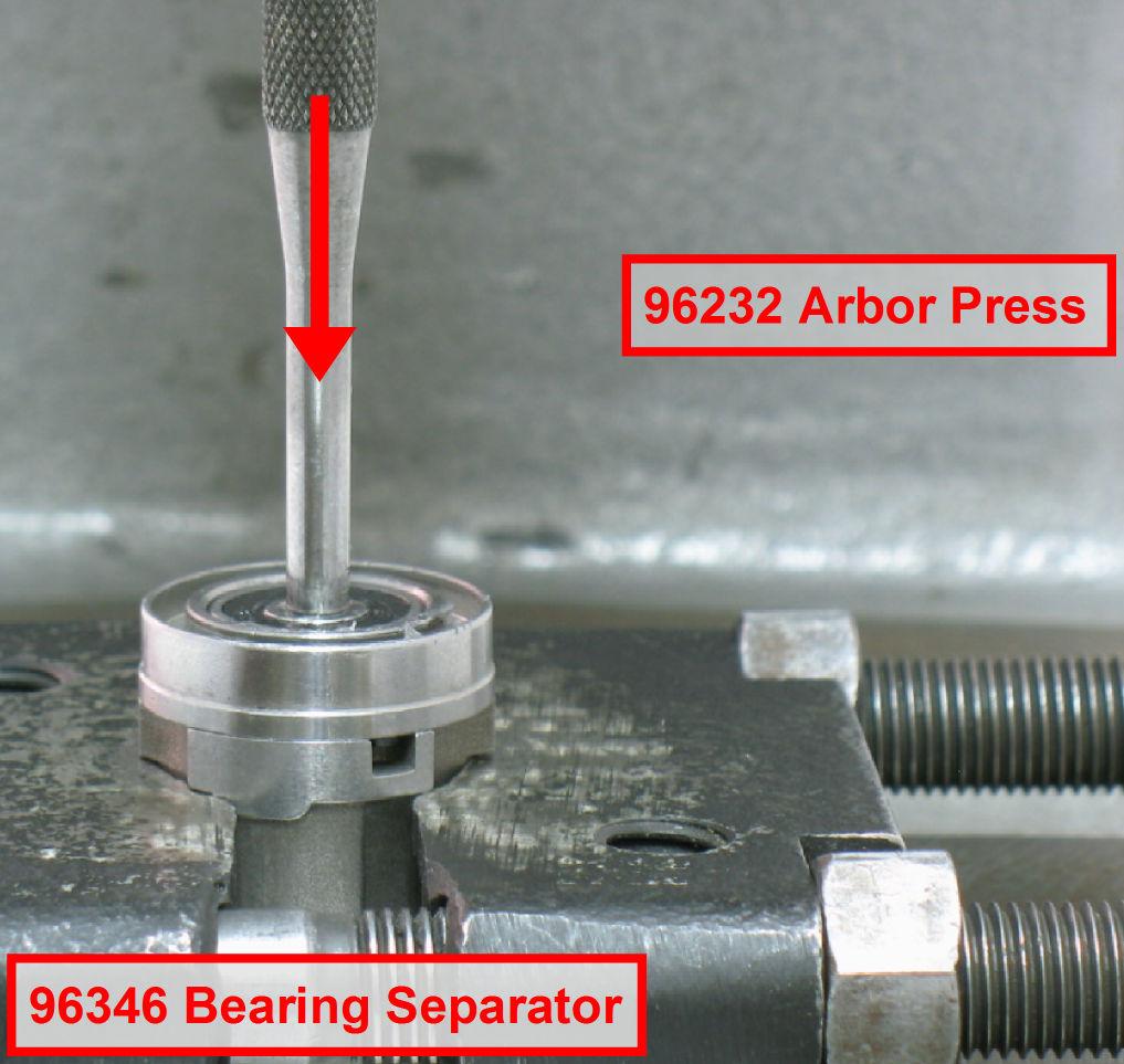 Place the bearing separator in the 96232 Arbor Press (#2) with the 04117