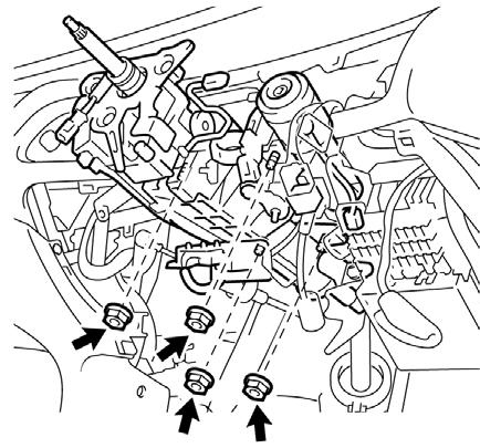 b) Disconnect the 5 connectors. c) Disconnect the 3 wire harness clamps. d) Remove the 4 nuts and the steering column assembly.