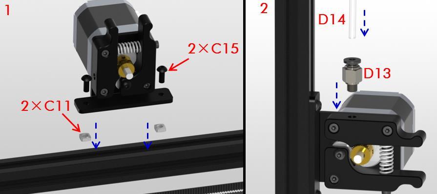 The assembly details (from right to left) of the extruder are shown in Fig. 23. The socket of the extrusion motor is suggested to face down (blue dash circle).