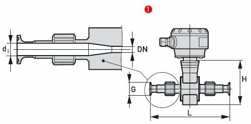 Page 14 Tri-Clover (1) DN½... ¾ screwed adapter (2) DN1...4 bolted adapter Nominal size Adapter Dimensions [mm] Flowmeter Approx. weight DN PN d i G I a L H W [kg] (lbs) ½ 290 0.37 0.98 1.97 8.5 5.
