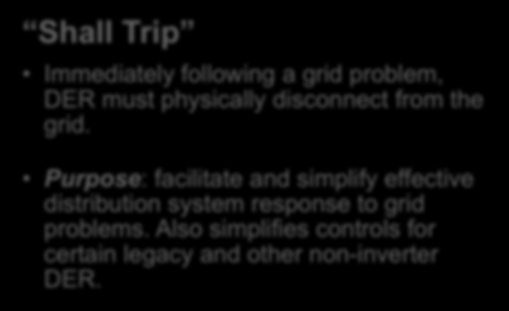 Key DER Integration Topic: Shall Trip and Ride Through Shall Trip Immediately following a grid problem, DER must physically disconnect from the grid.