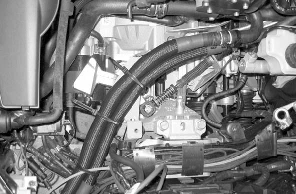 D B Coolant Hose Routing in Engine Compartment CAUTION Use the cable ties installed earlier to