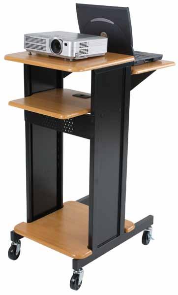 Audio Visual: Projector Carts Standard cart in teak. In gray with optional cabinet (L) and optional shelf (R).
