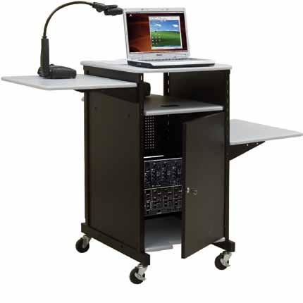 Audio Visual: Projector Carts Optional shelf mounts on the front or on either side of the cart. Optional locking cabinet includes rack mount for standard 19" equipment. Height adjustable shelf.