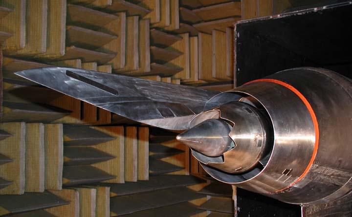 Figure 2 Bypass ratio five nozzle installed on the JES in the LSAWT. Eight core nozzle and baseline fan nozzle. Pylon is installed at the azimuthal angle of 34 degrees.