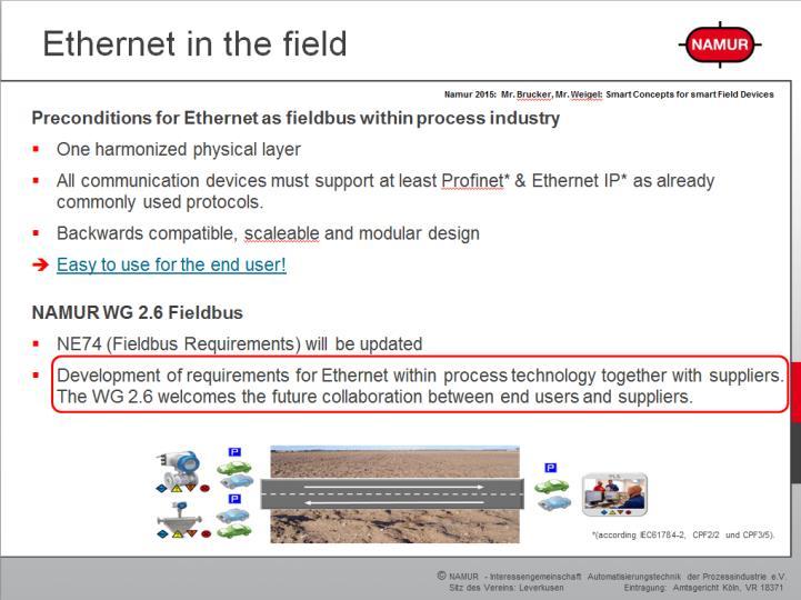 Requirements of NAMUR An Ethernet communication system for process automation shall: Enable the Integration of DCS technology and field devices Shall support 2-wire as well as 4-wire