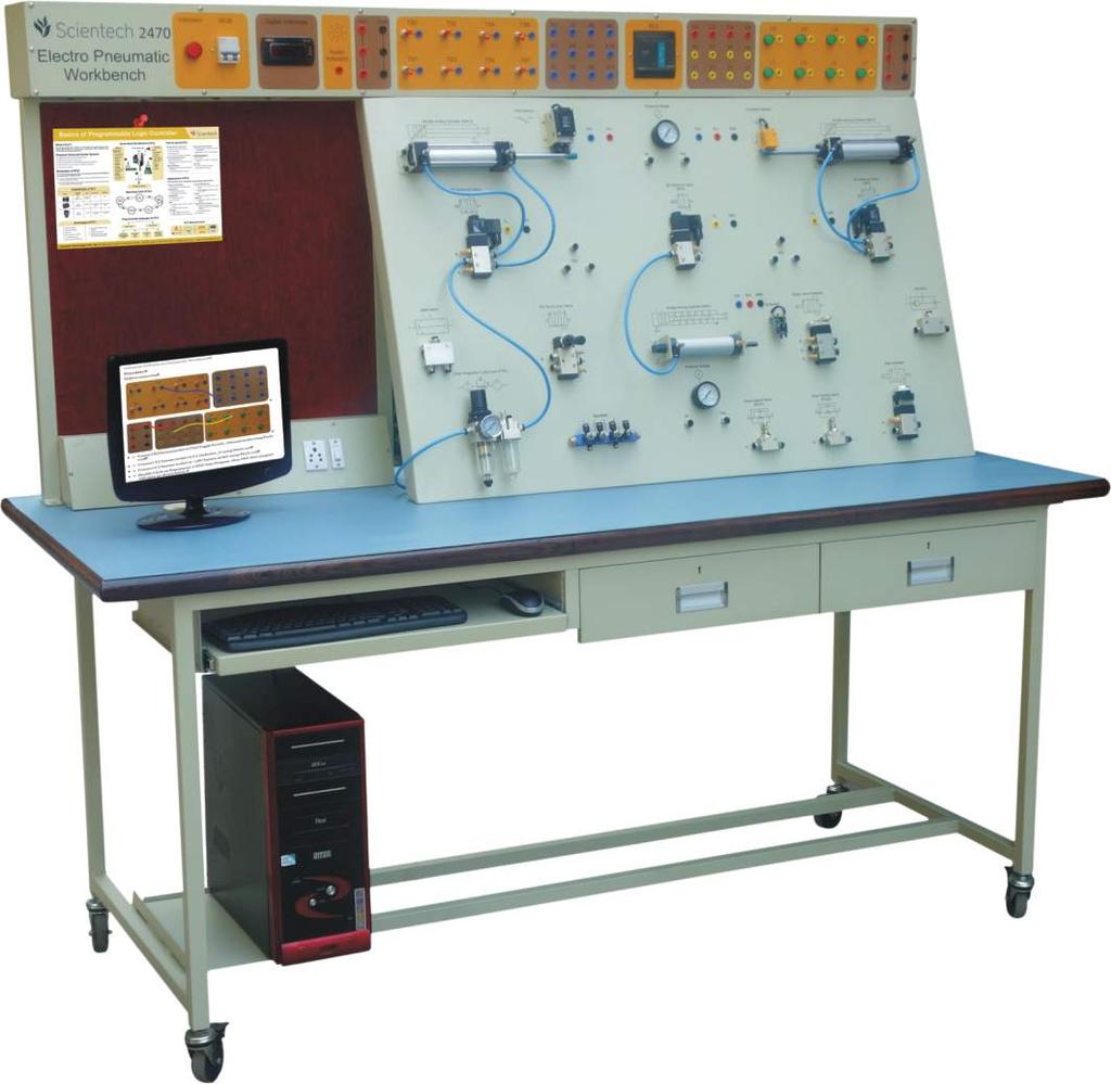 Scientech 2470 Electro Pneumatic Workbench is designed to demonstrate the design, construction and application of Pneumatic components and circuits.