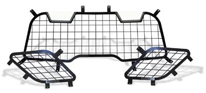steel frame construction has black powder coat finish Hatch Window, Rear Window Guard shown on a Chevrolet Tahoe Contoured tabs fit snug against the window edge, underneath the OEM trim for a