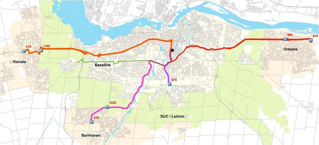 Figure 2-4: Special OC Transpo Transit Routes Only a portion of route 1 between the downtown and Billings Bridge will need to be supplemented therefore a variation to the existing route is proposed