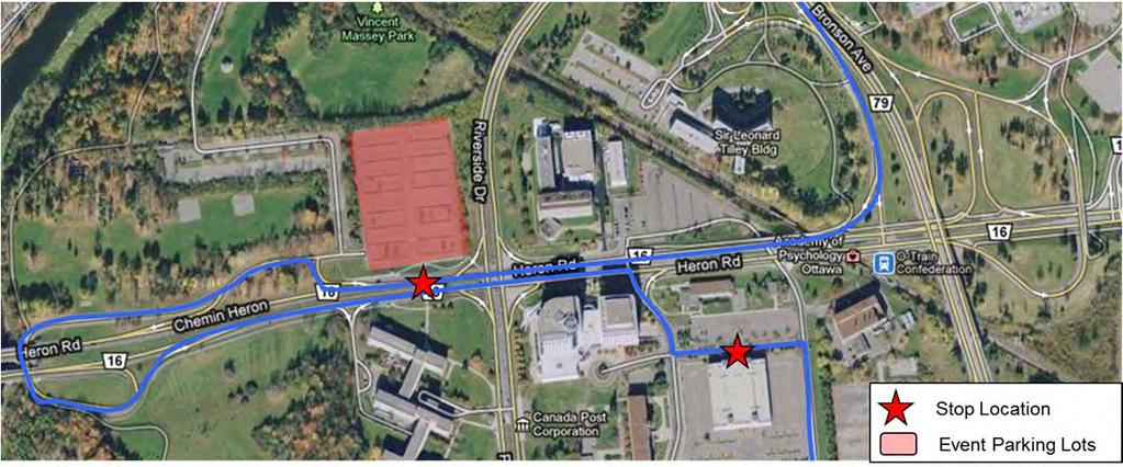 Vehicle Access: Access to this parking facility is provided from both eastbound and westbound Heron Road. Shuttle Routing The shuttle will service both the Vincent Massey Lot and the Canada Post Lot.