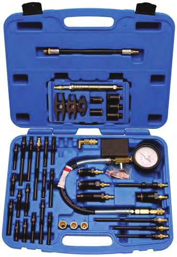 Petrol & Diesel Engine Compression Test Kit - compression pressure testing up to 50 bar (725PSI) - quick couplings in straight and angled versions - includes: - glow plug adapters for the following