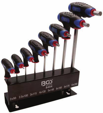 5 x 100 mm, 3 x 115 mm 4 x 120 mm, 5 x 140 mm, 6 x 160 mm 8 x 175 mm, 10 x 200 mm - two-sided use, short and long shaft - ergonomic handles - metal bracket with