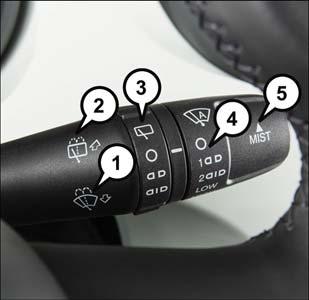 OPERATING YOUR VEHICLE WIPERS AND WASHERS Front Wiper Operation The windshield wiper/washer controls are located on the lever on the right side of the steering column.