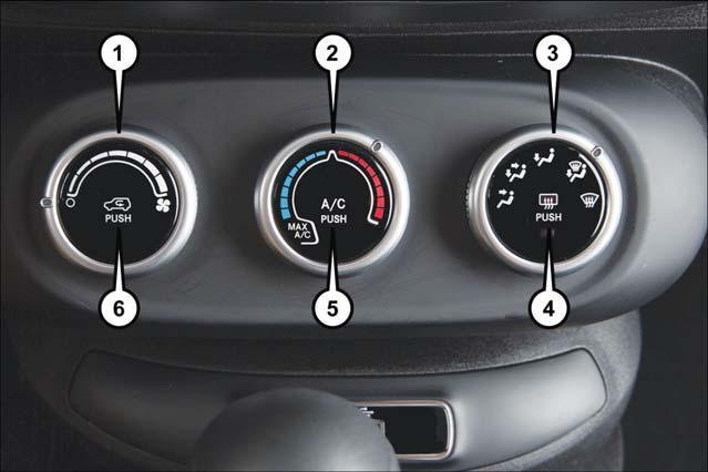 MANUAL CLIMATE CONTROLS OPERATING YOUR VEHICLE Manual Climate Controls 1 Blower Control 2 Temperature Control 3 Mode Control 4 Rear Defroster 5 A/C Control 6 Air Recirculation Control Air